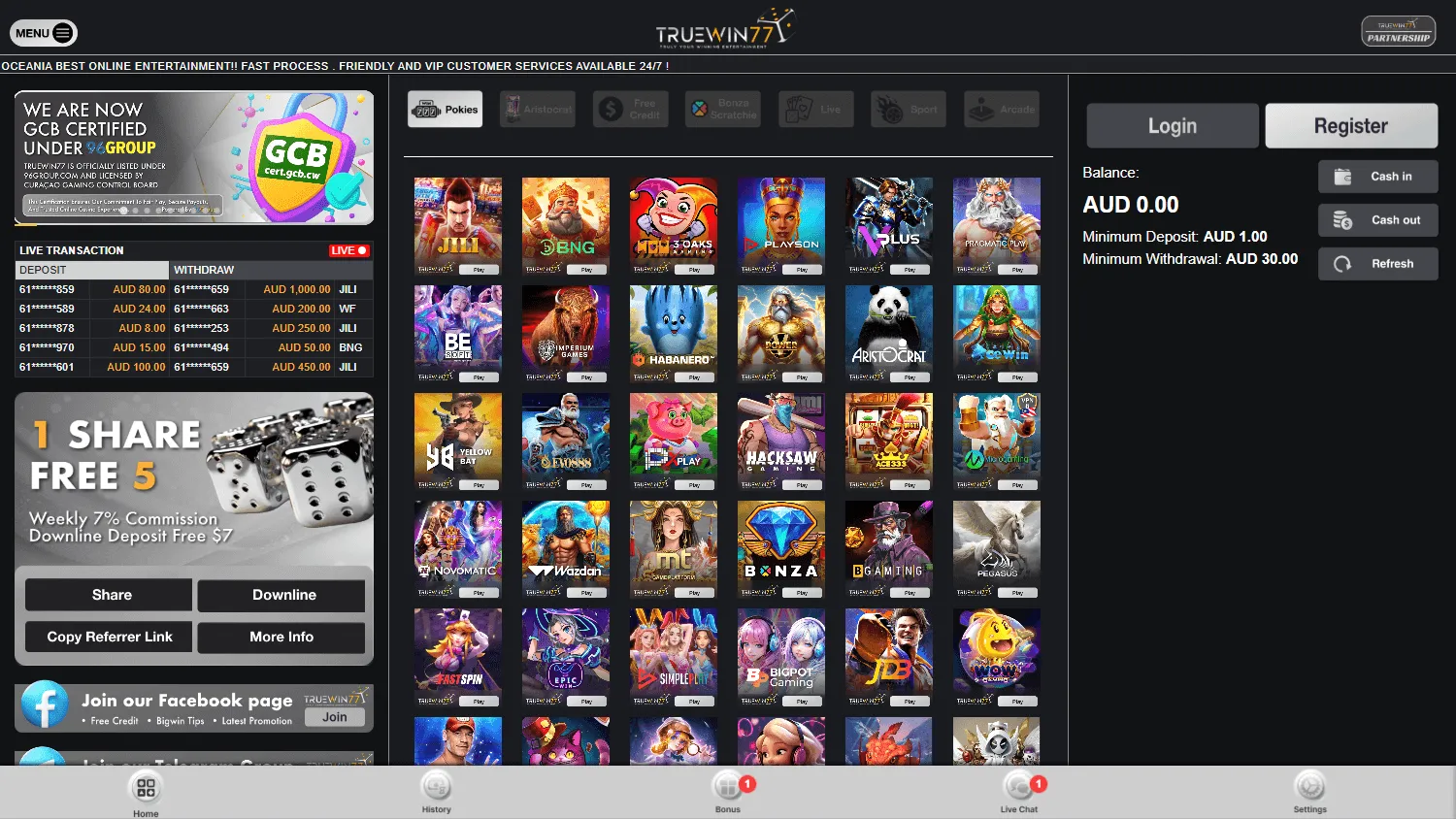 Truewin77 Casino home screen on desktop