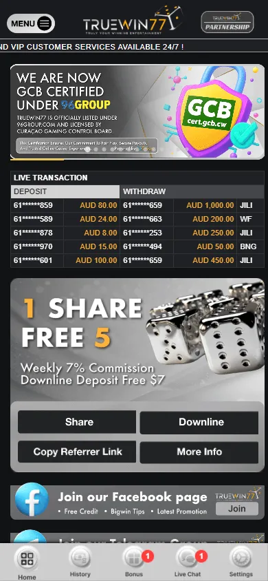 Truewin77 Casino home screen on a mobile device
