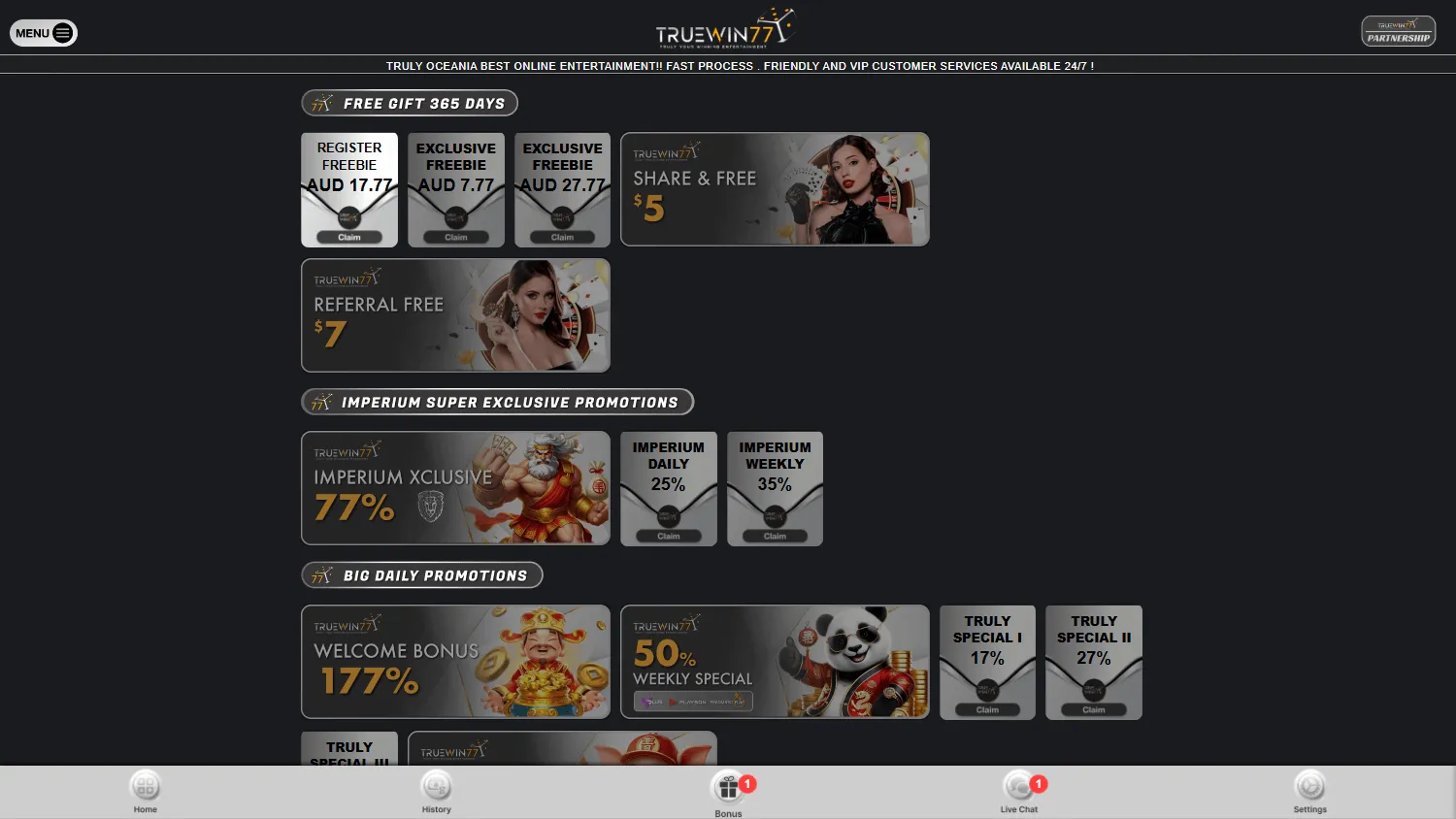 Truewin77 Casino promotions screen on desktop