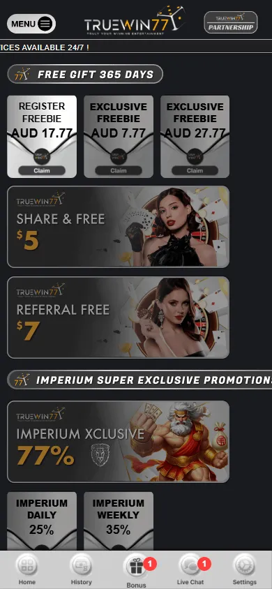 Truewin77 Casino promotions screen on a mobile device